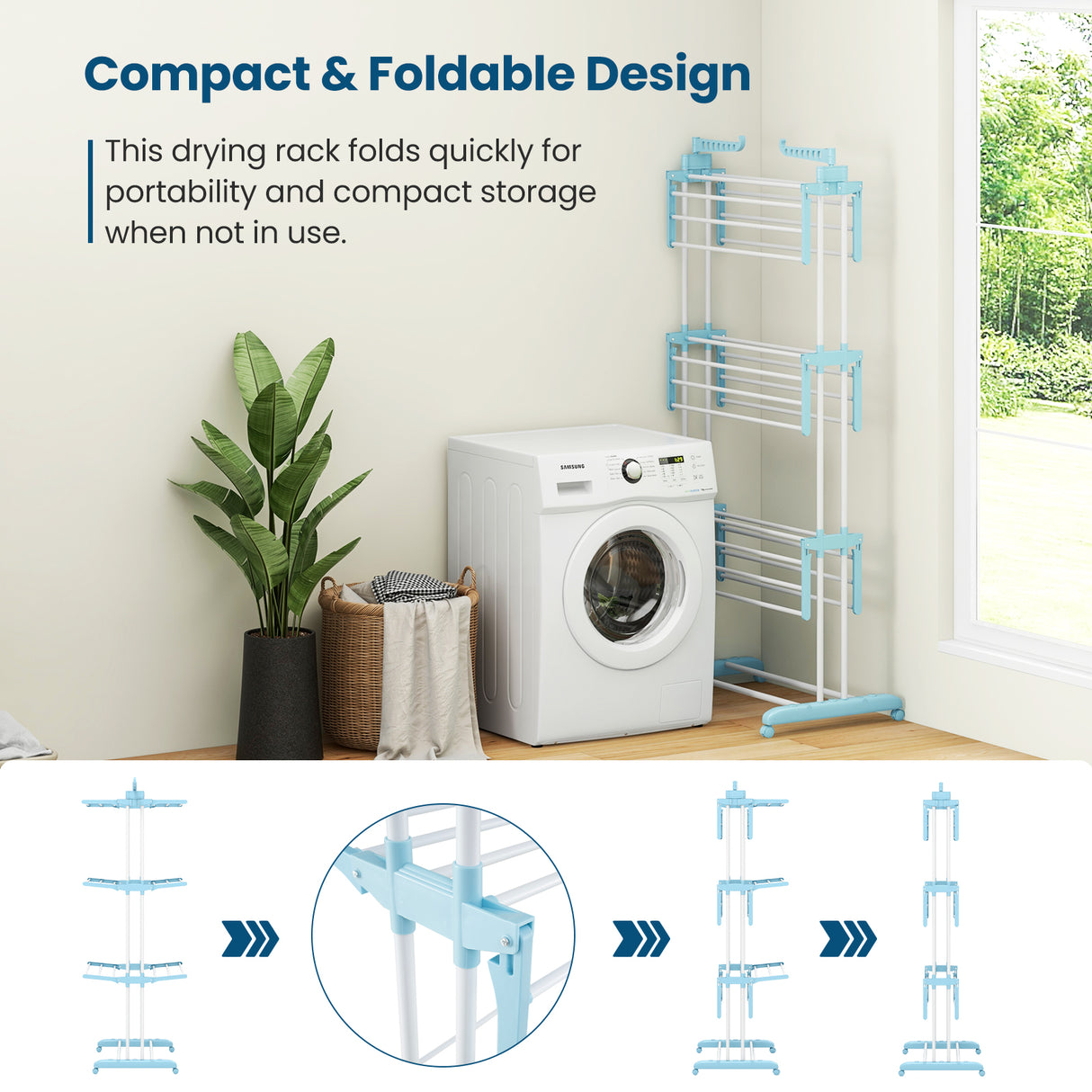 4-tier Clothes Drying Rack with Rotatable Side Wings and Collapsible Shelves-Blue