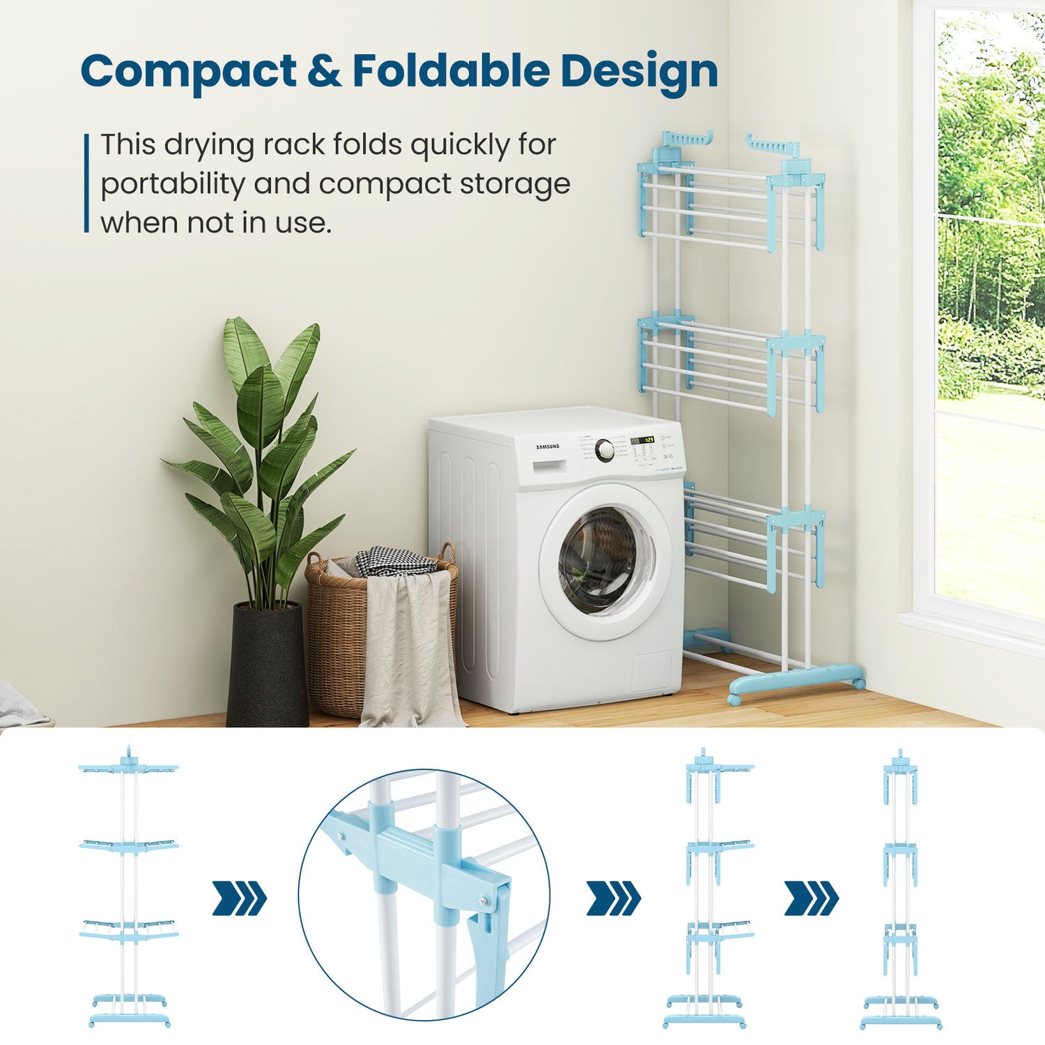 4-tier Clothes Drying Rack with Rotatable Side Wings and Collapsible Shelves-Blue