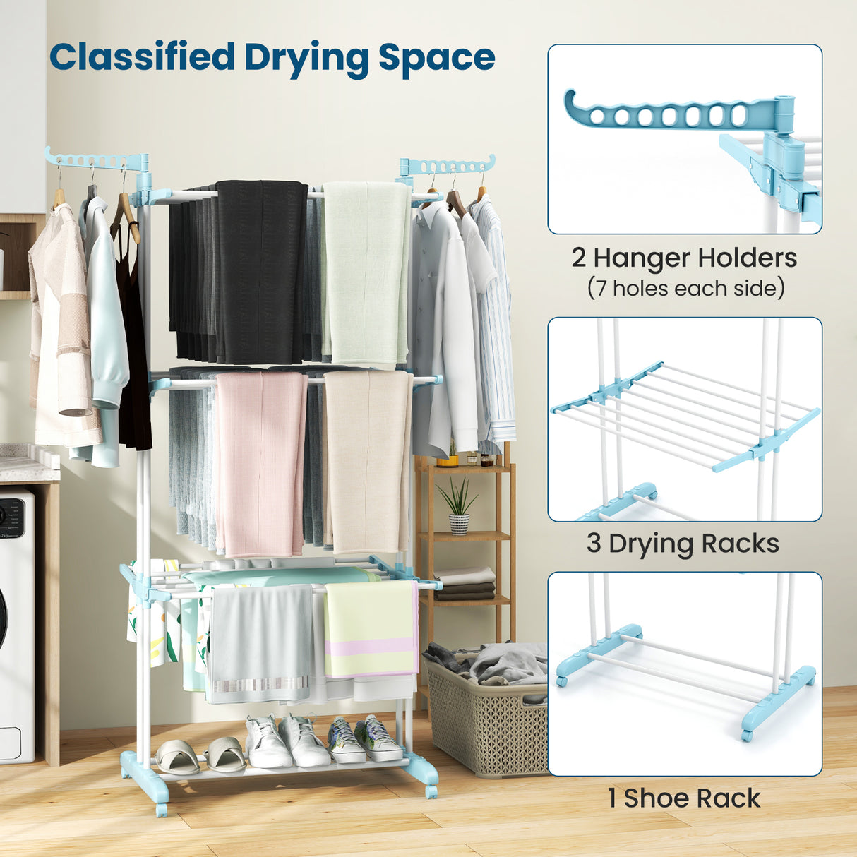 4-tier Clothes Drying Rack with Rotatable Side Wings and Collapsible Shelves-Blue