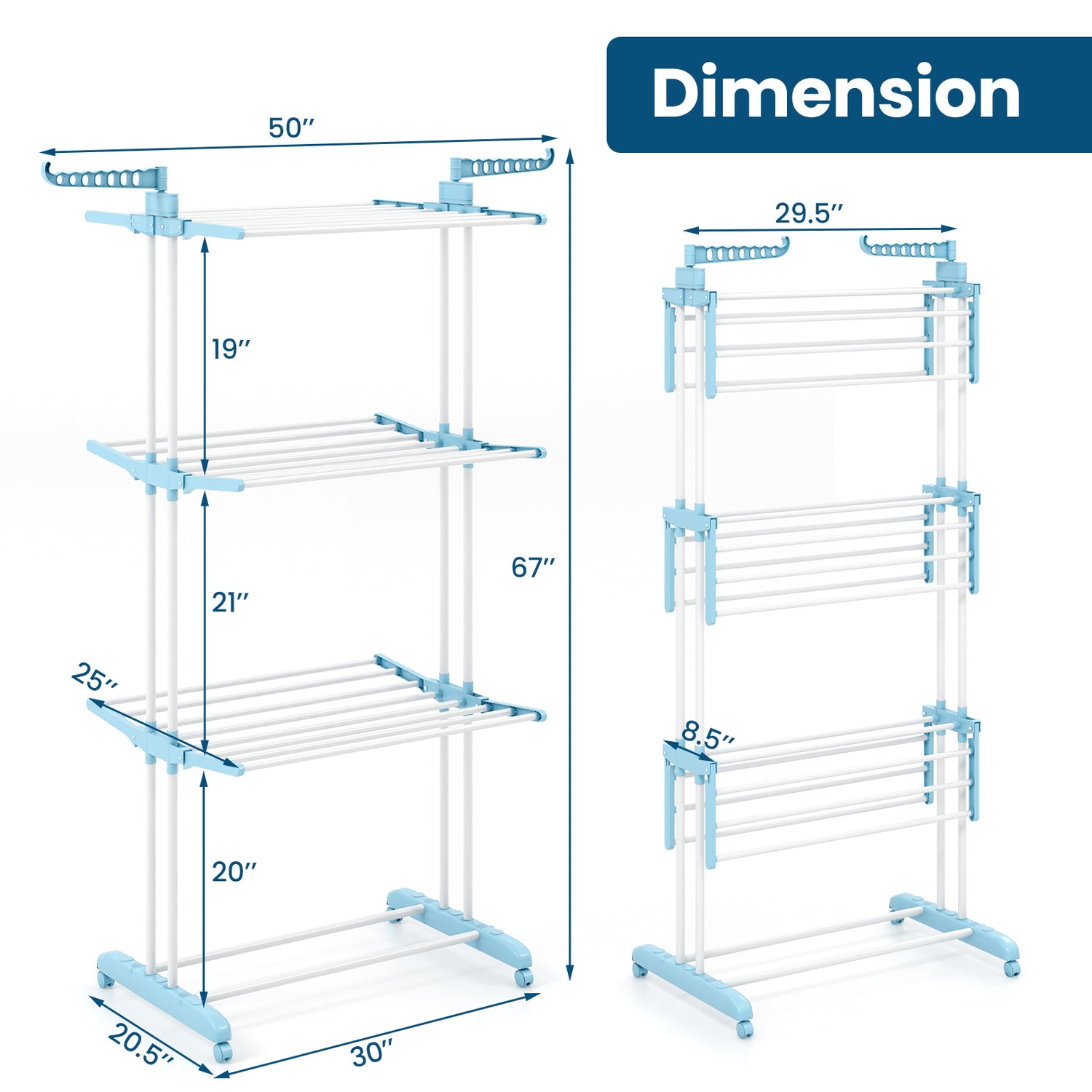 4-tier Clothes Drying Rack with Rotatable Side Wings and Collapsible Shelves-Blue