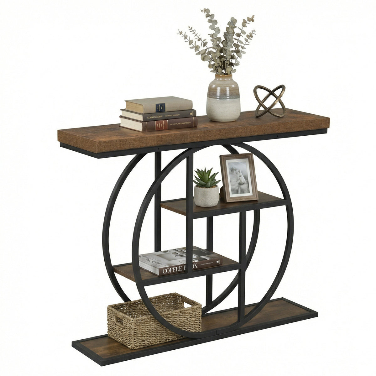 4-Tier Console Table 41 Inches Entryway Table with Storage Shelves-Brown