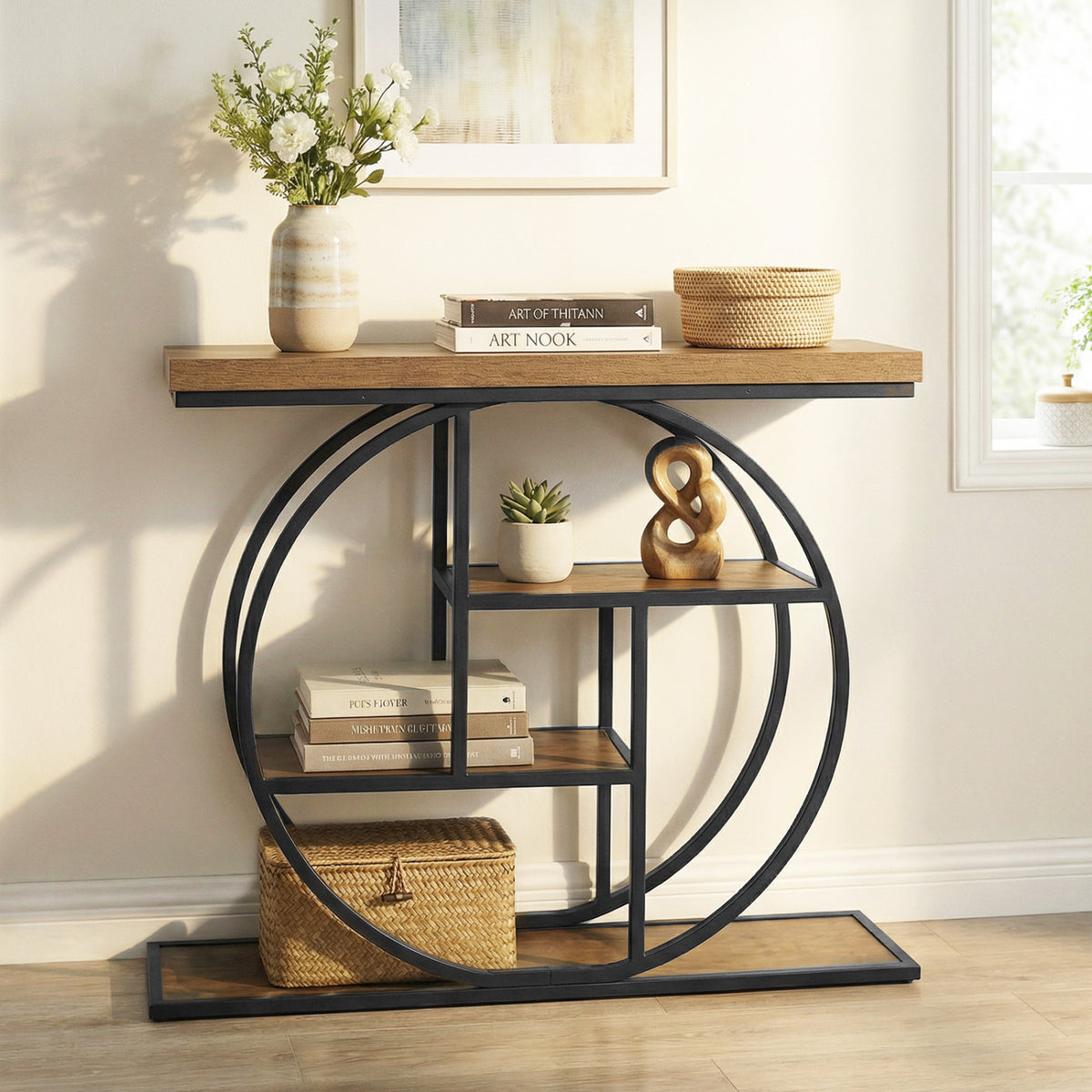 4-Tier Console Table 41 Inches Entryway Table with Storage Shelves-Brown