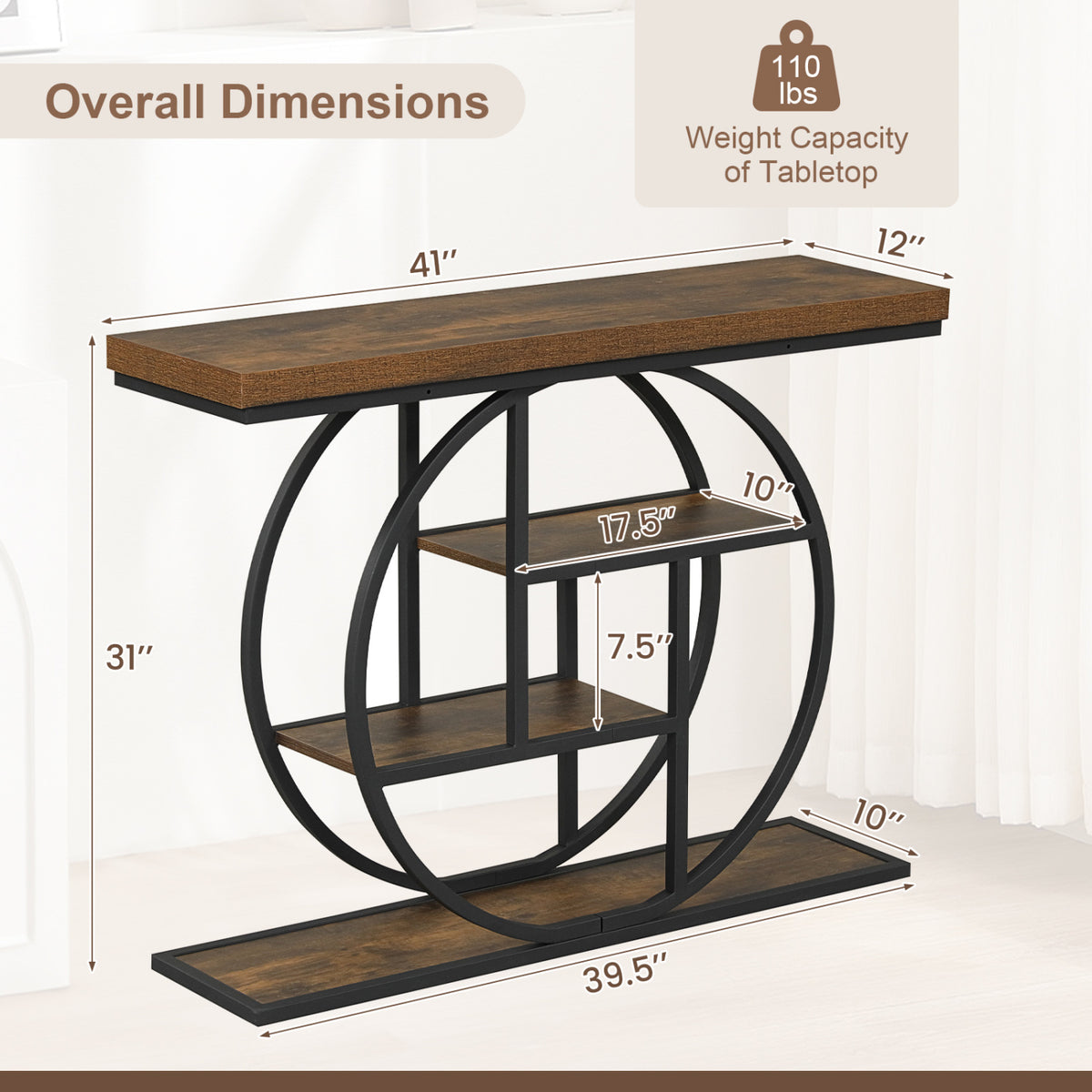4-Tier Console Table 41 Inches Entryway Table with Storage Shelves-Brown