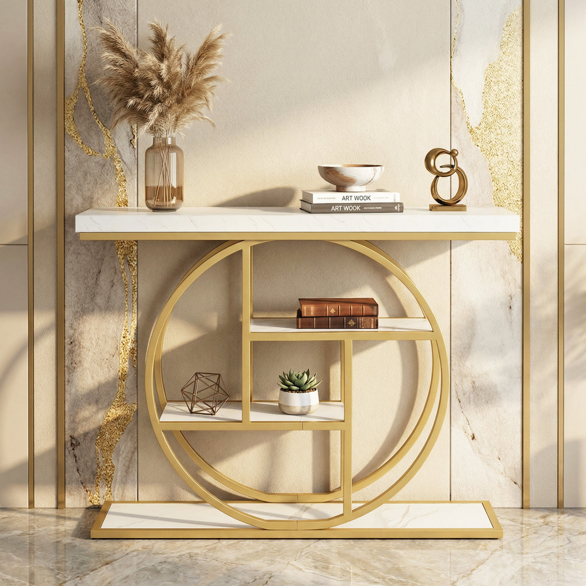 4-Tier Console Table 41 Inches Entryway Table with Storage Shelves-White