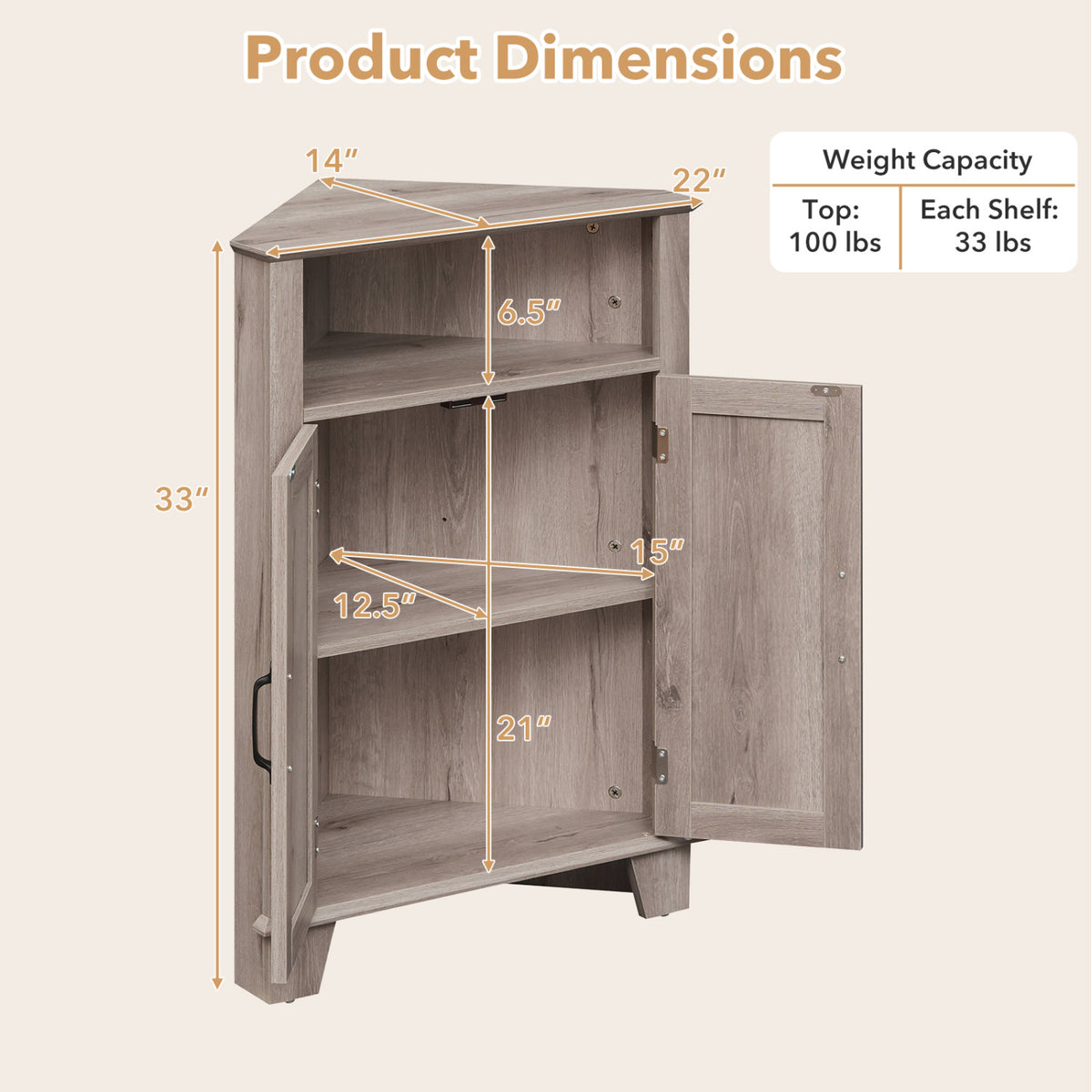 4-Tier Corner Storage Cabinet with Open Shelf-Gray