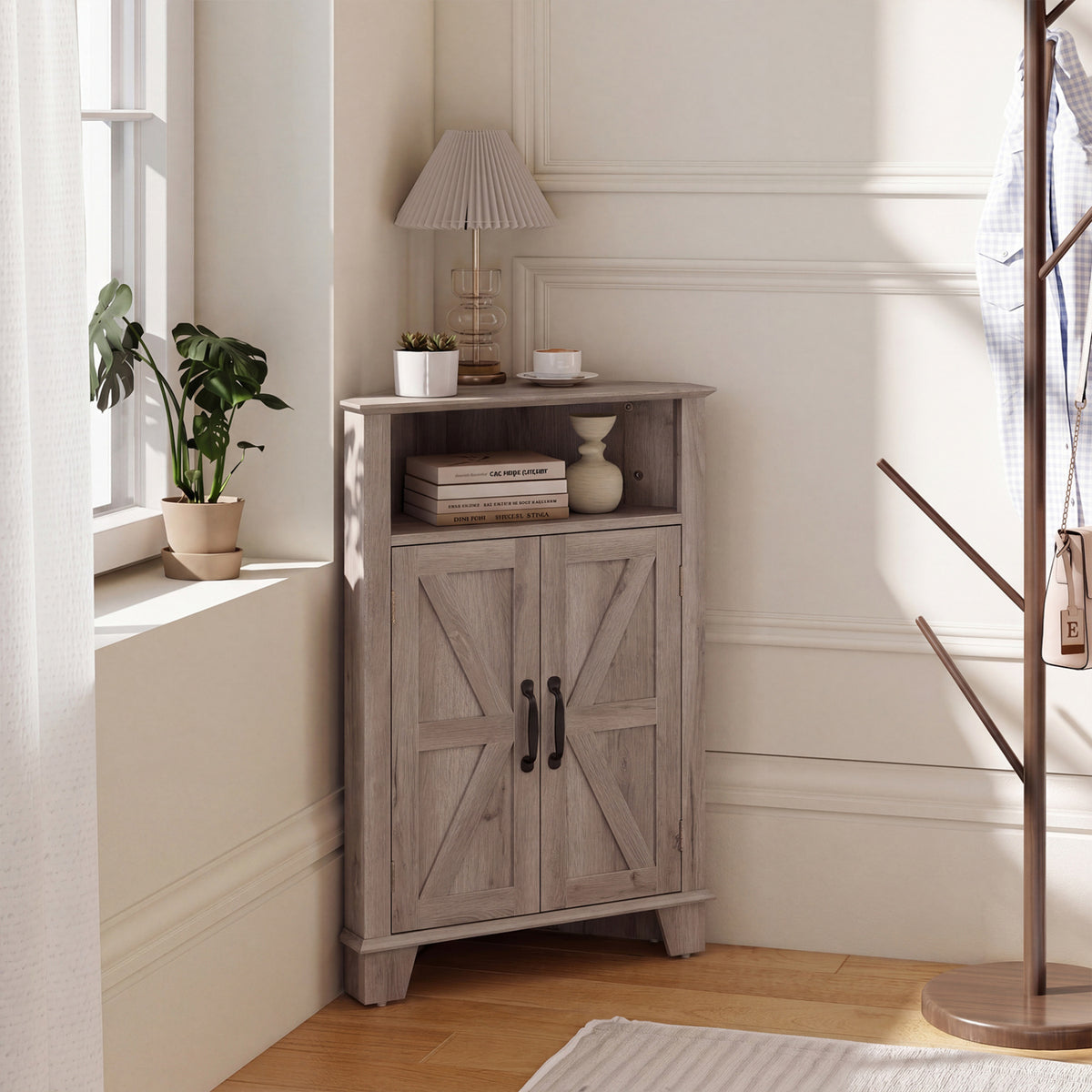 4-Tier Corner Storage Cabinet with Open Shelf-Gray