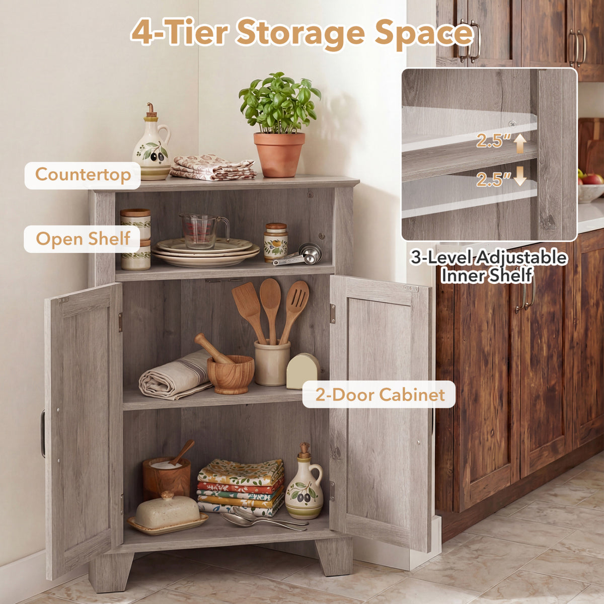 4-Tier Corner Storage Cabinet with Open Shelf-Gray