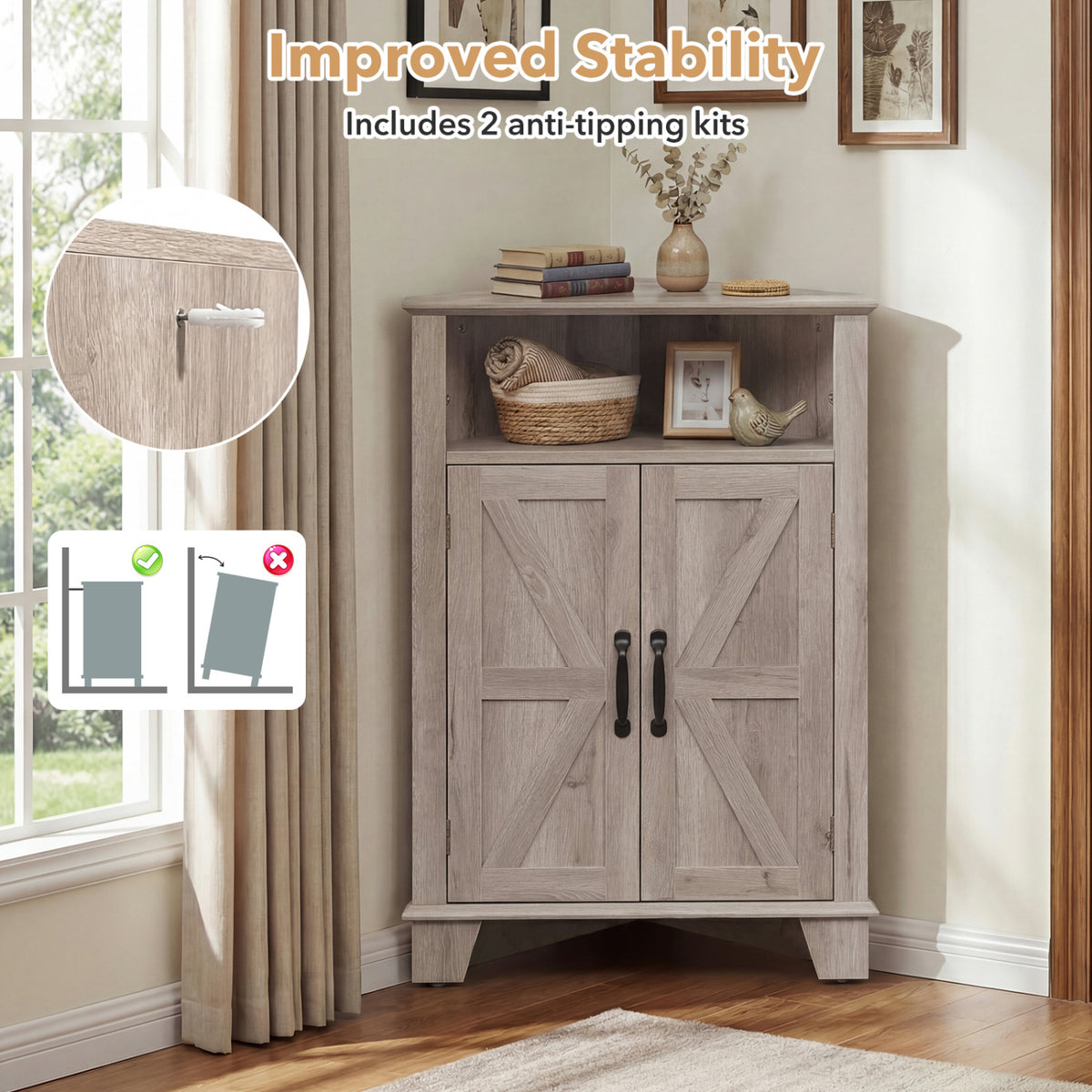 4-Tier Corner Storage Cabinet with Open Shelf-Gray