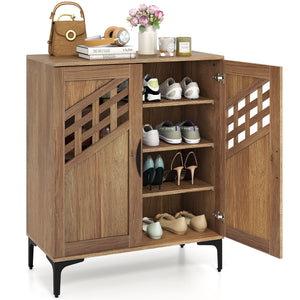 4 Tier Farmhouse Shoe Storage Cabinet with Removable Shelves and Metal Legs-Walnut