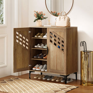 4 Tier Farmhouse Shoe Storage Cabinet with Removable Shelves and Metal Legs-Walnut