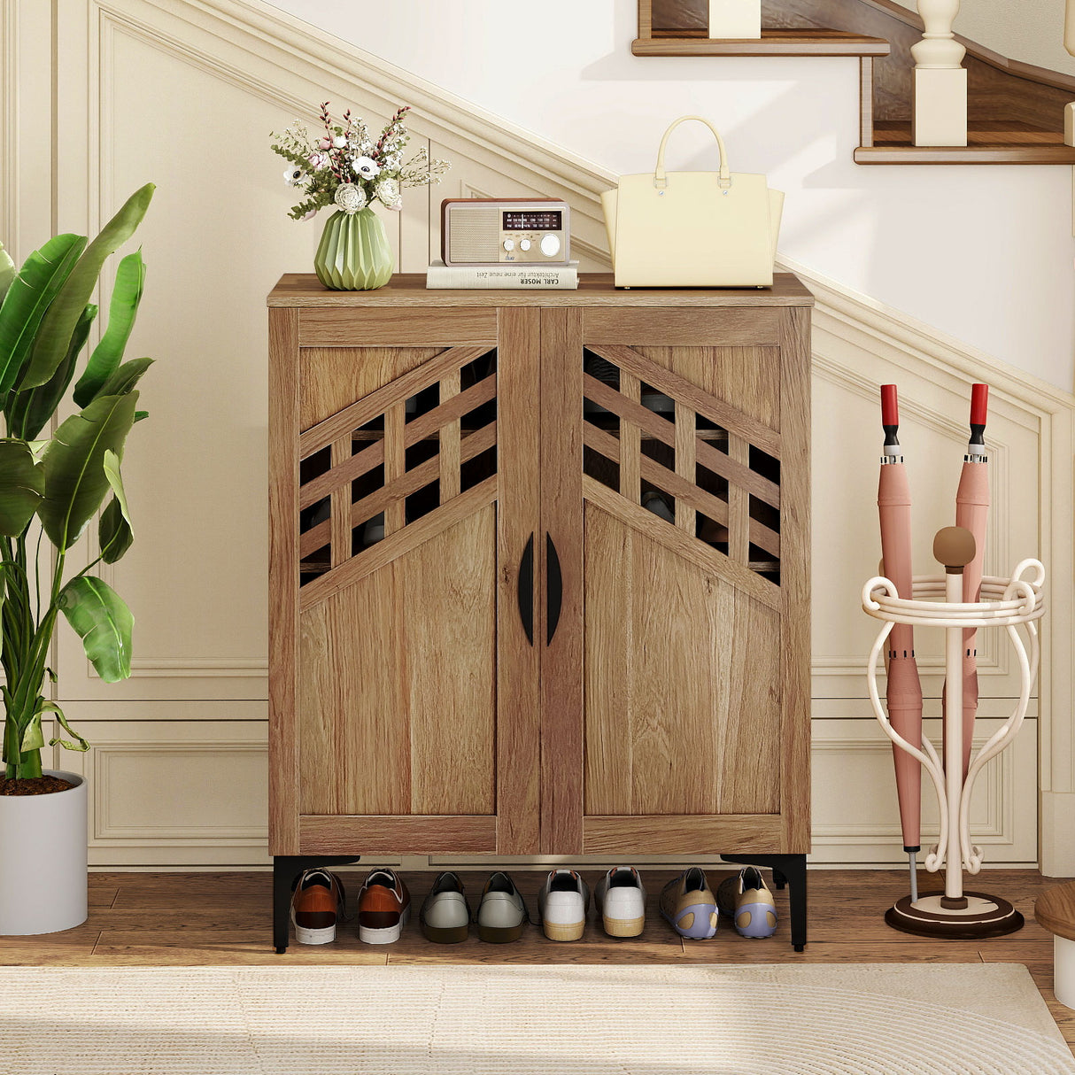 4 Tier Farmhouse Shoe Storage Cabinet with Removable Shelves and Metal Legs-Walnut