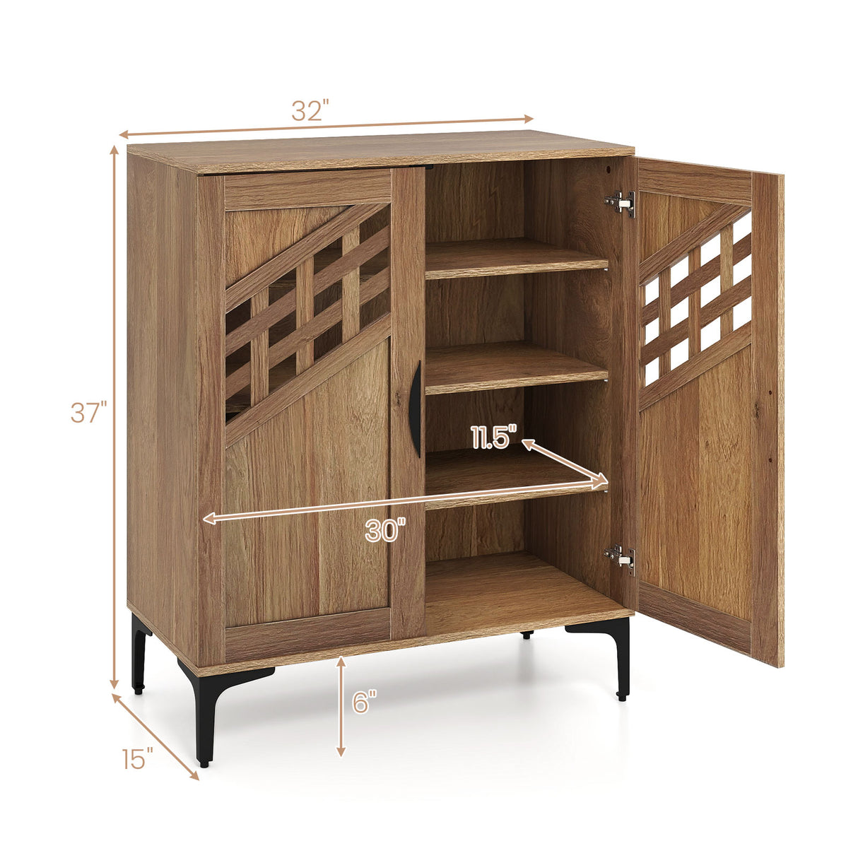 4 Tier Farmhouse Shoe Storage Cabinet with Removable Shelves and Metal Legs-Walnut