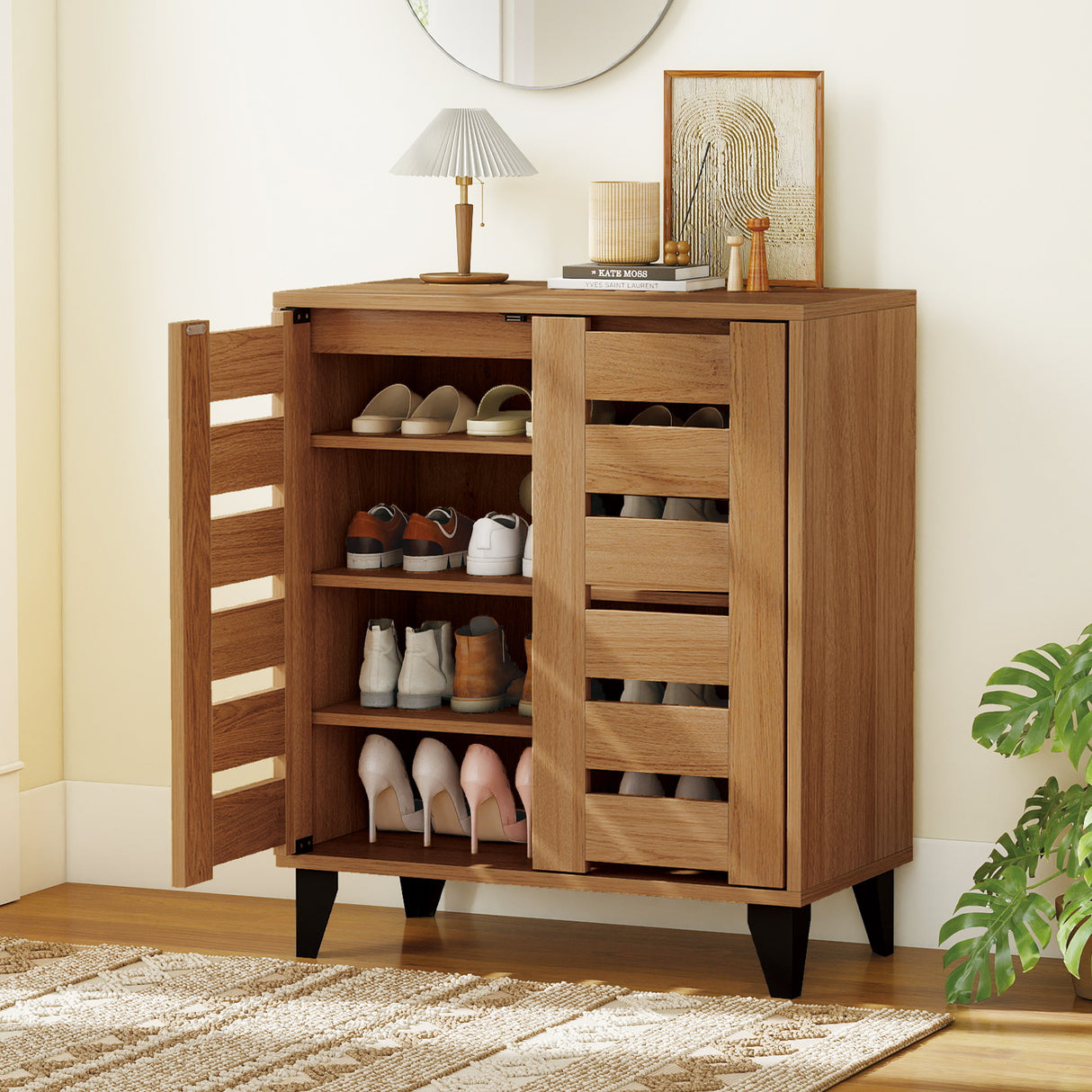 4-Tier Farmhouse Shoe Organizer with Louvered Door-Natural