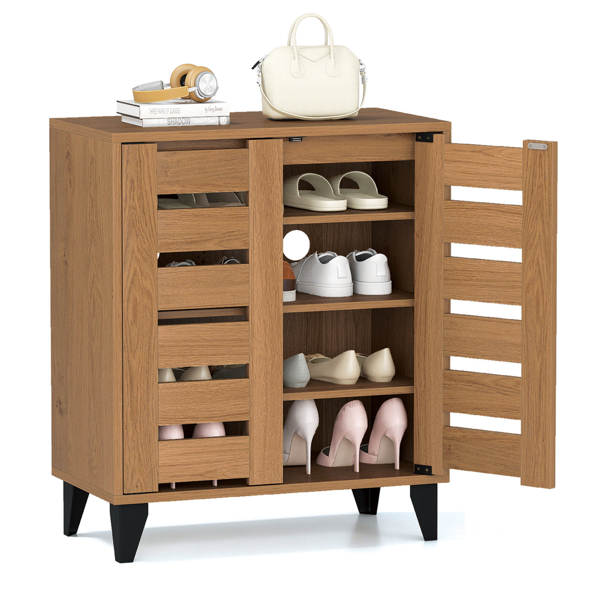 4-Tier Farmhouse Shoe Organizer with Louvered Door-Natural