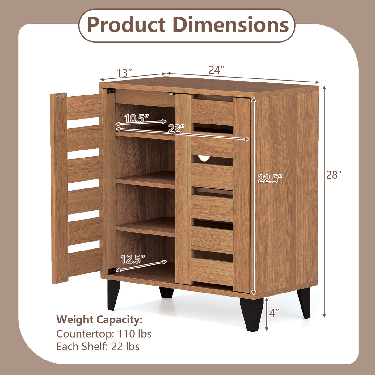 4-Tier Farmhouse Shoe Organizer with Louvered Door-Natural