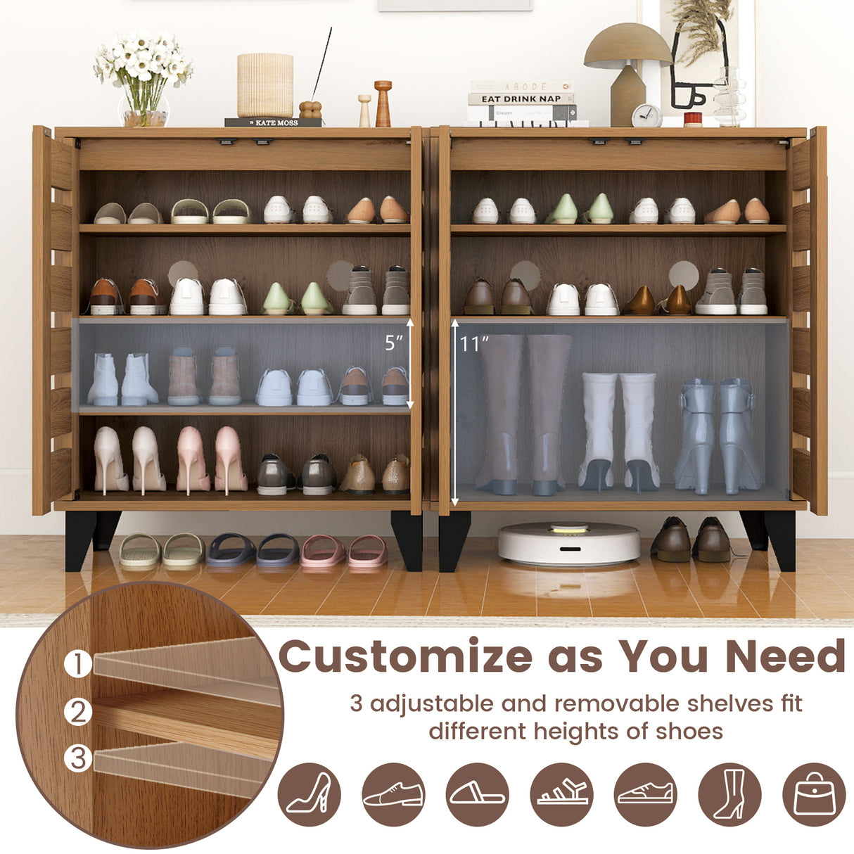 4-Tier Farmhouse Shoe Organizer with Louvered Door-Natural