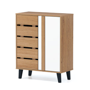 4-Tier Farmhouse Shoe Organizer with Louvered Door-Natural and White