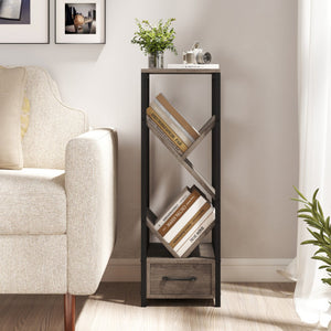 4 Tier Floor Tree Bookshelf with Drawer and Metal Frame-Gray