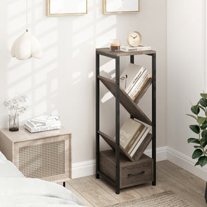 4 Tier Floor Tree Bookshelf with Drawer and Metal Frame-Gray