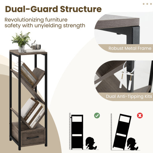 4 Tier Floor Tree Bookshelf with Drawer and Metal Frame-Gray