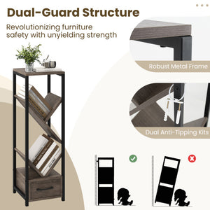 4 Tier Floor Tree Bookshelf with Drawer and Metal Frame-Gray