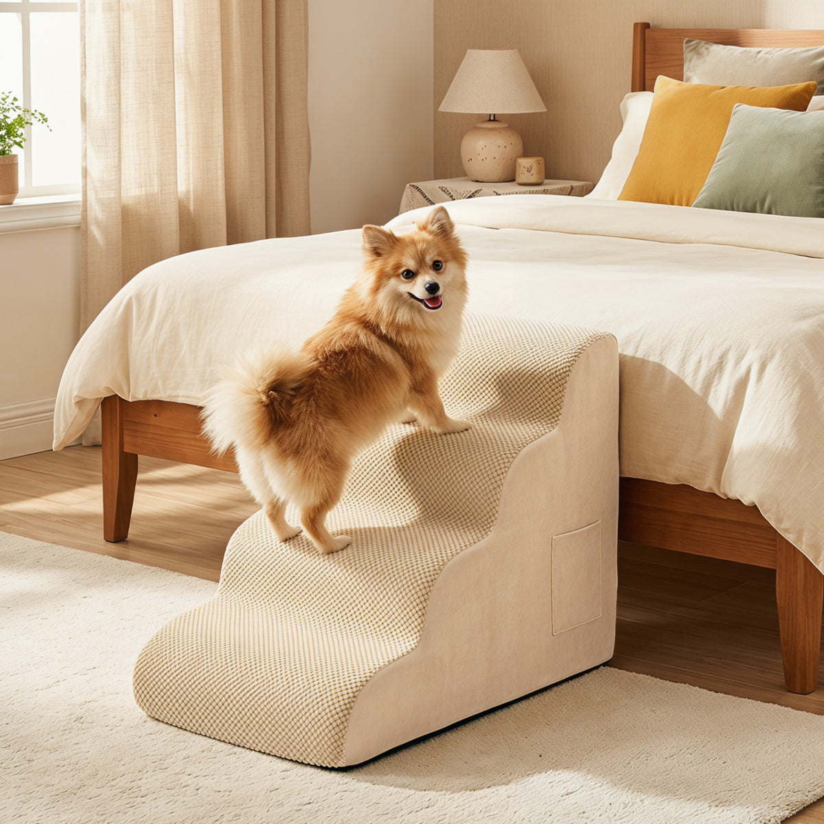 4-Tier Foam Non-Slip Dog Steps with Washable Zippered Cover and Brush-Beige