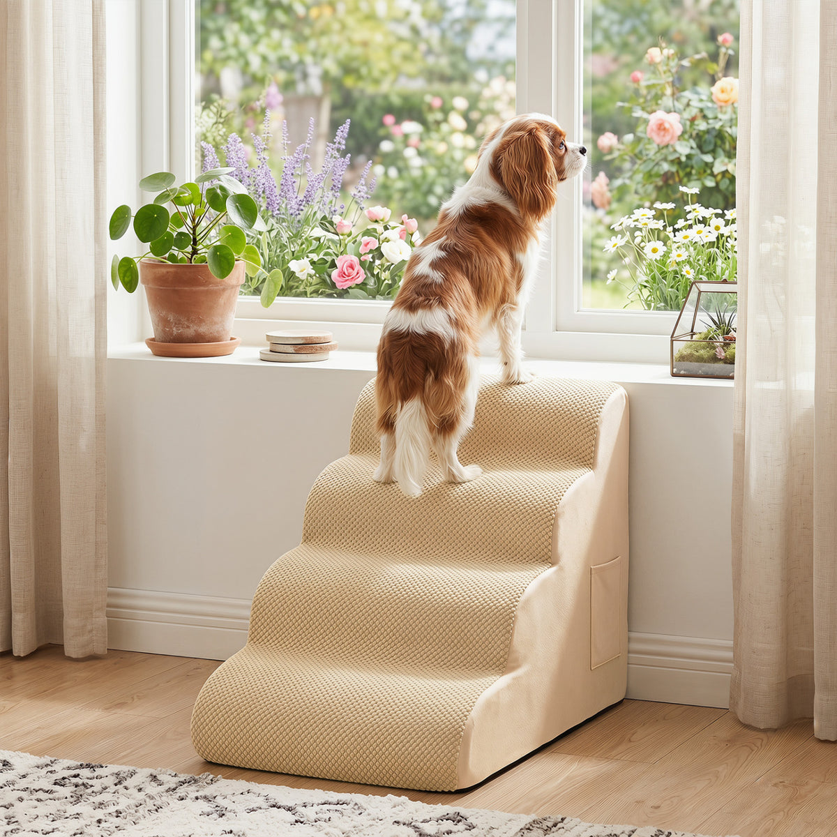 4-Tier Foam Non-Slip Dog Steps with Washable Zippered Cover and Brush-Beige