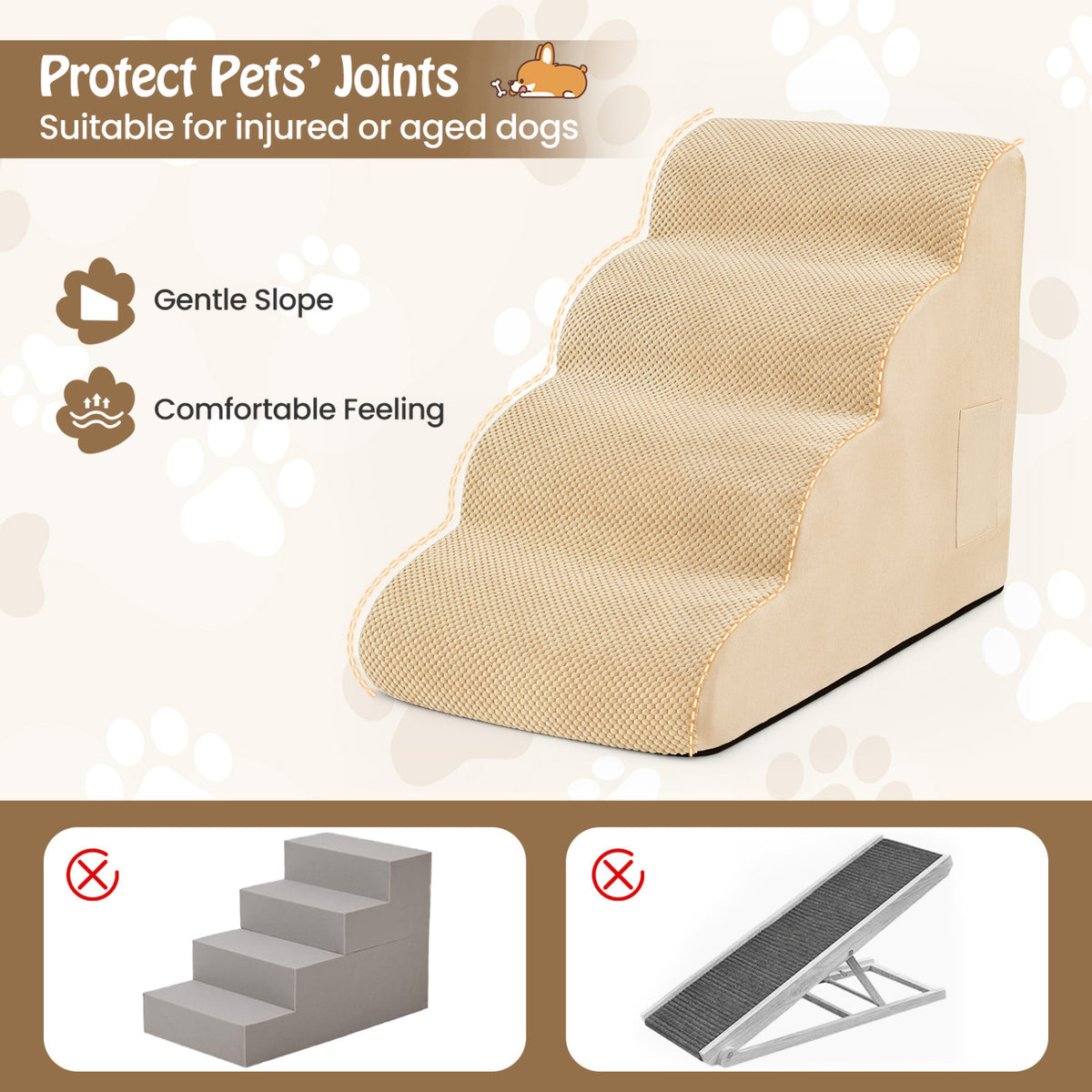 4-Tier Foam Non-Slip Dog Steps with Washable Zippered Cover and Brush-Beige