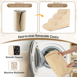 4-Tier Foam Non-Slip Dog Steps with Washable Zippered Cover and Brush-Beige