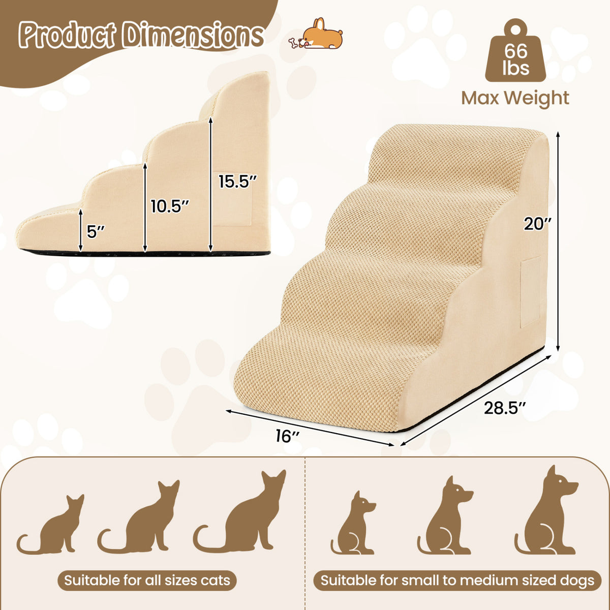 4-Tier Foam Non-Slip Dog Steps with Washable Zippered Cover and Brush-Beige