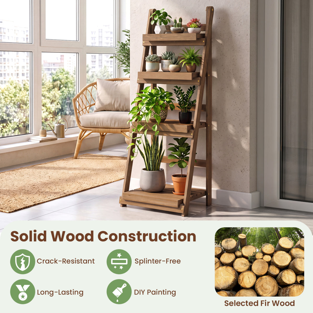 4-Tier Foldable Plant Stand with Slatted Shelves for Garden-Brown