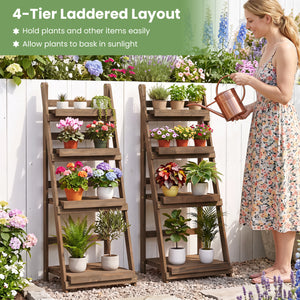 4-Tier Foldable Plant Stand with Slatted Shelves for Garden-Brown