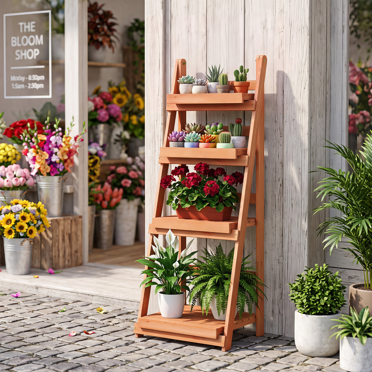 4-Tier Foldable Plant Stand with Slatted Shelves for Garden-Orange