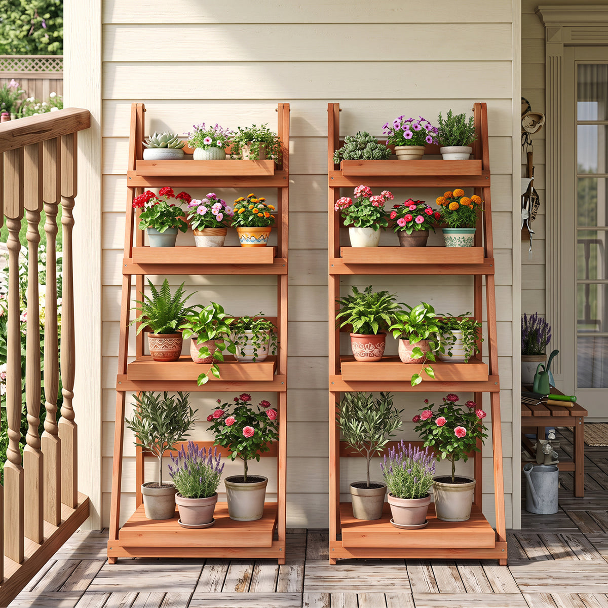 4-Tier Foldable Plant Stand with Slatted Shelves for Garden-Orange