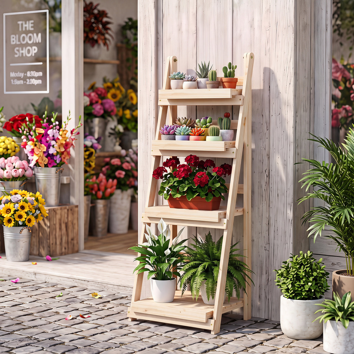 4-Tier Foldable Plant Stand with Slatted Shelves for Garden-Natural