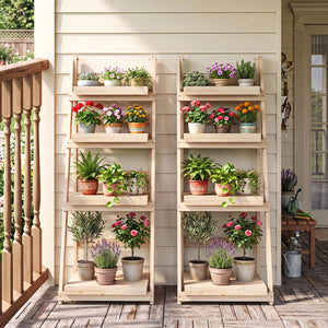 4-Tier Foldable Plant Stand with Slatted Shelves for Garden-Natural