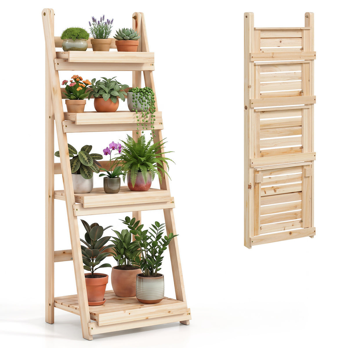 4-Tier Foldable Plant Stand with Slatted Shelves for Garden-Natural