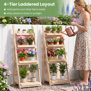4-Tier Foldable Plant Stand with Slatted Shelves for Garden-Natural