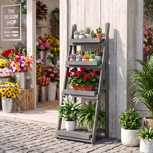 4-Tier Foldable Plant Stand with Slatted Shelves for Garden-Gray