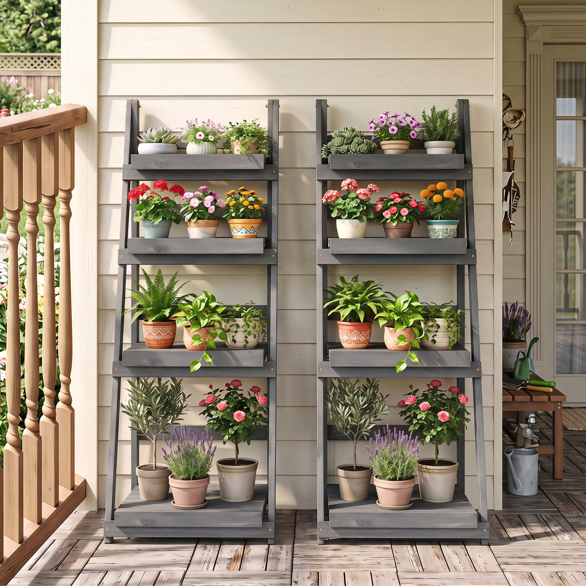 4-Tier Foldable Plant Stand with Slatted Shelves for Garden-Gray