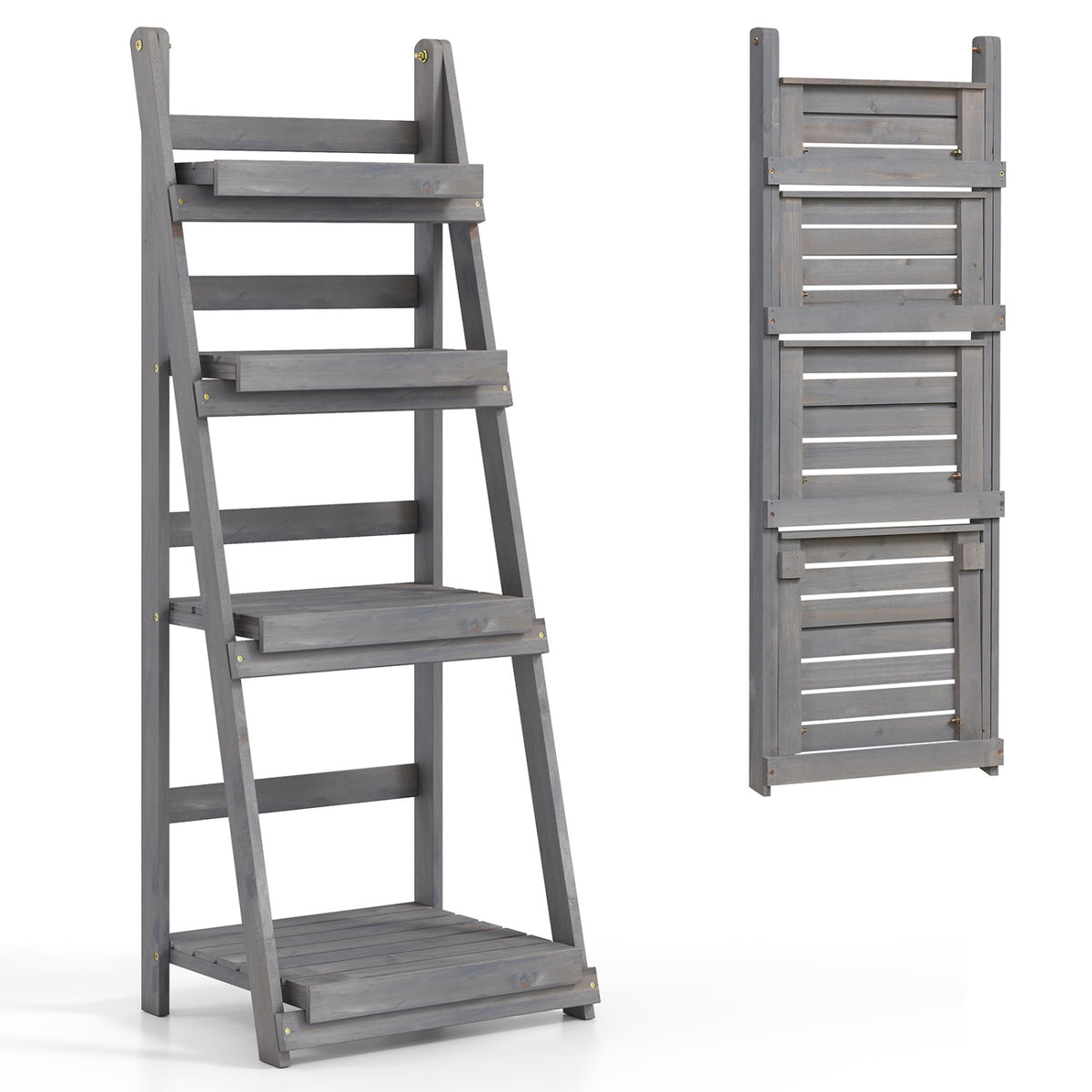 4-Tier Foldable Plant Stand with Slatted Shelves for Garden-Gray