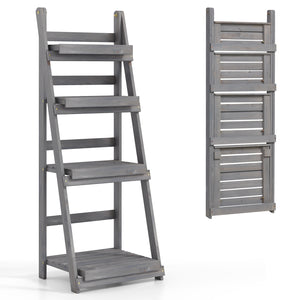 4-Tier Foldable Plant Stand with Slatted Shelves for Garden-Gray