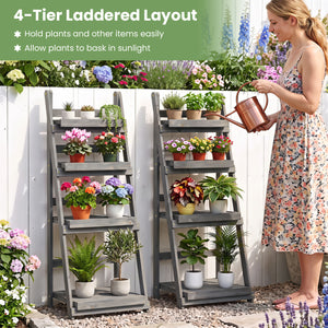 4-Tier Foldable Plant Stand with Slatted Shelves for Garden-Gray