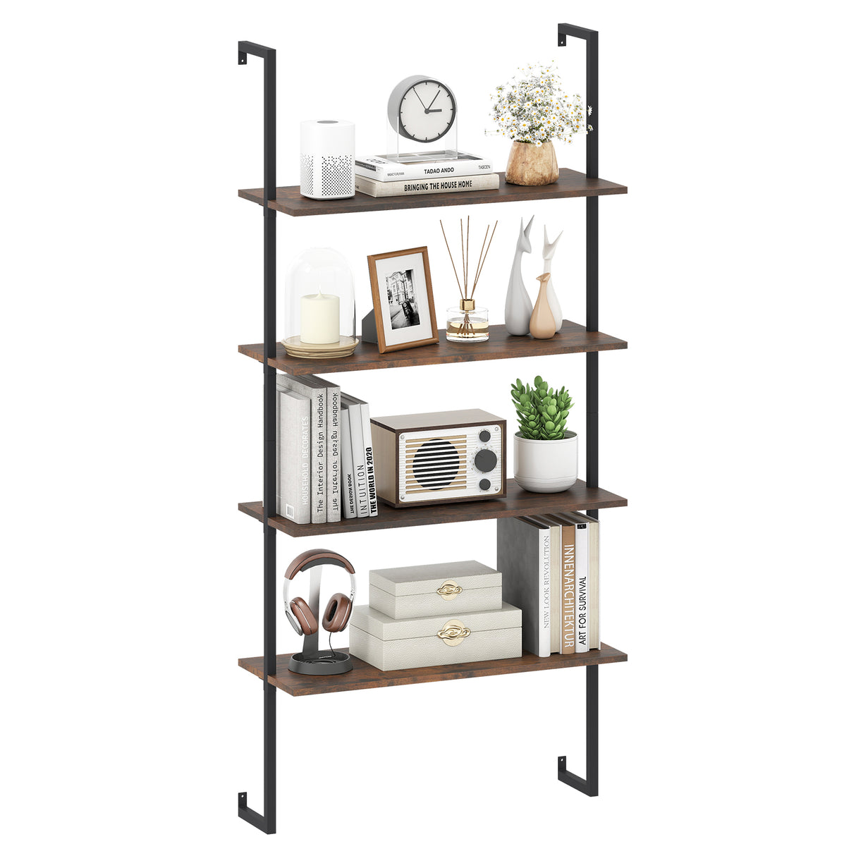 4-Tier Industrial Ladder Bookshelf with Metal Frame-Coffee