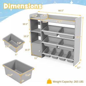 4-Tier Kids Bookshelf and Toy Storage Rack with 8 Toy Organizer Bins-Grey