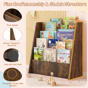 4-Tier Kids Bookshelf with Deep Compartments for Bedroom-Rustic brown