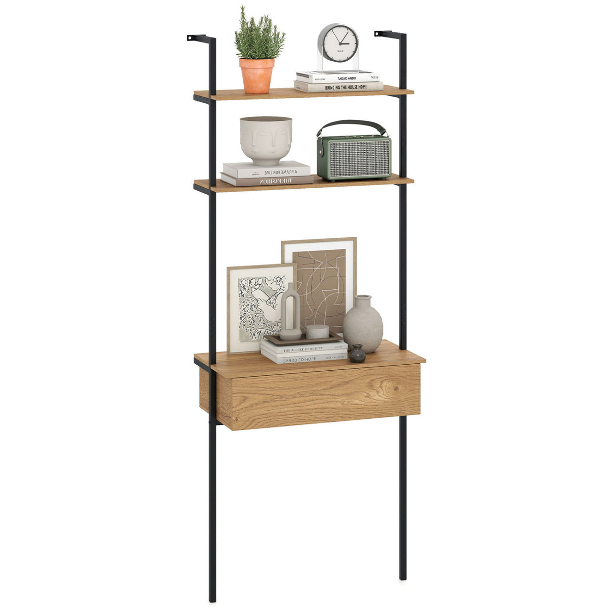 4-Tier Ladder Bookshelf with Drawer and Metal Frame for Living Room-Natural