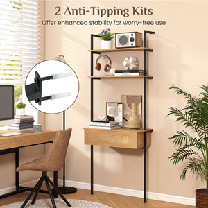 4-Tier Ladder Bookshelf with Drawer and Metal Frame for Living Room-Natural