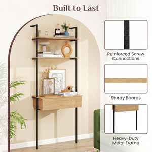 4-Tier Ladder Bookshelf with Drawer and Metal Frame for Living Room-Natural