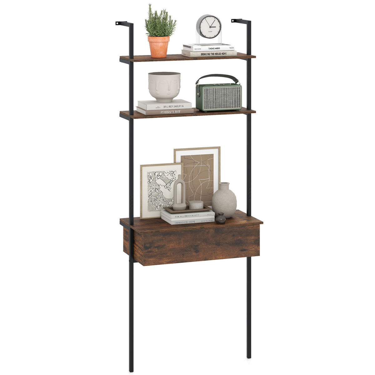 4-Tier Ladder Bookshelf with Drawer and Metal Frame for Living Room-Rustic Brown